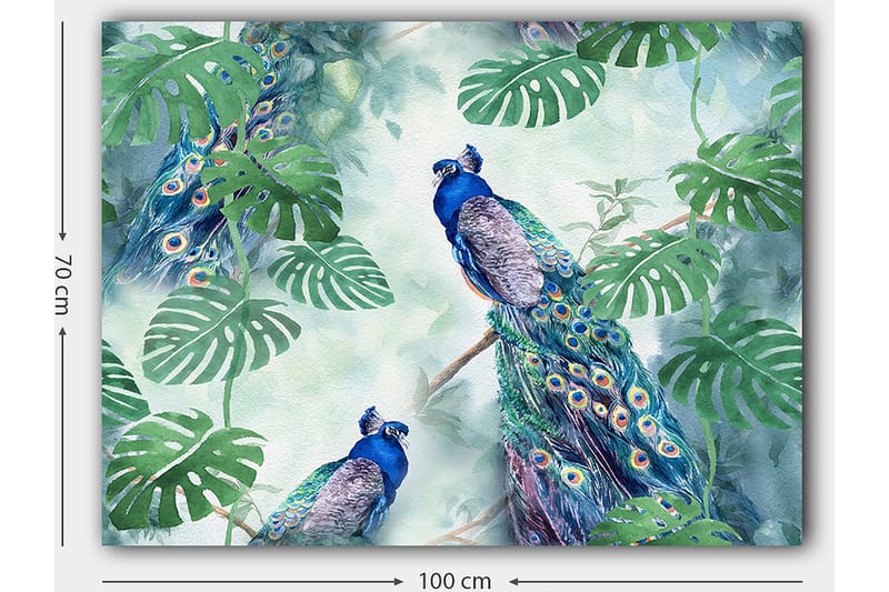 Canvastavla 70x100 cm - Två påfåglar som sitter bland gröna växter i en livfull och färgglad miljö - Blå / Grön / Turkos - Inredning - Tavlor & posters - Canvastavla
