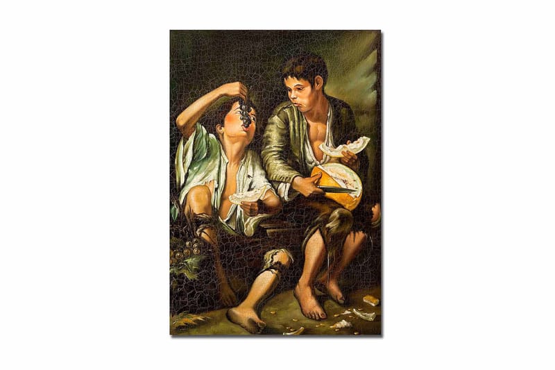 Canvastavla 70x100 cm - Två pojkar som delar en måltid med frukt och ost - Grön / Brun / Beige - Inredning - Tavlor & posters - Canvastavla