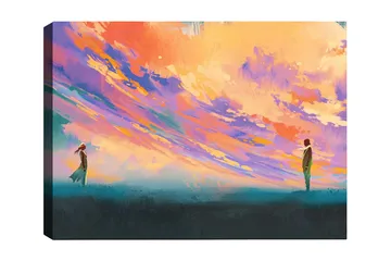 Canvastavla 70x100 cm - Två personer står på en öppen plats under en färgsprakande himmel - Lila / Orange / Turkos - Inredning - Tavlor & posters - Canvastavla