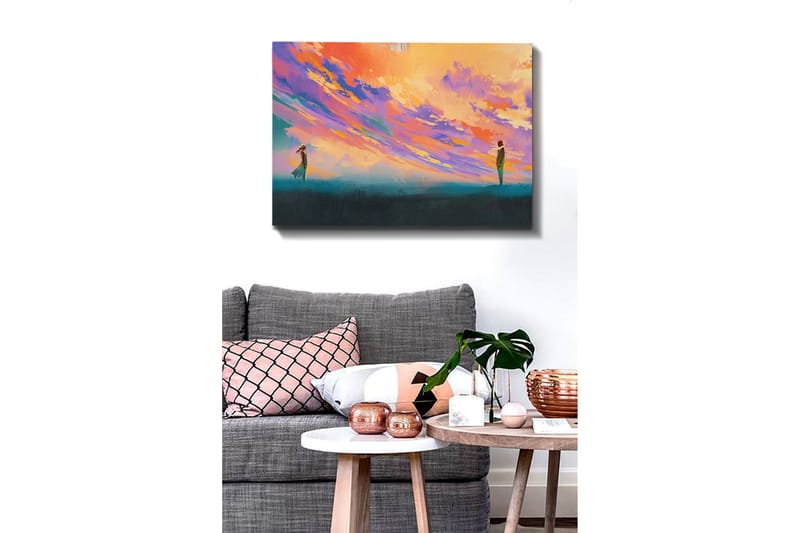 Canvastavla 70x100 cm - Två personer står på en öppen plats under en färgsprakande himmel - Lila / Orange / Turkos - Inredning - Tavlor & posters - Canvastavla