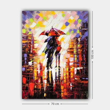 Canvastavla 70x100 cm - Två personer med ett paraply som står i en regnig stadsmiljö - Röd / Svart / Orange - Inredning - Tavlor & posters - Canvastavla