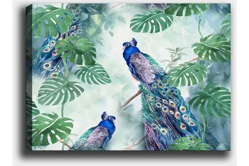 Canvastavla 70x100 cm - Två påfåglar som sitter bland gröna växter i en livfull och färgglad miljö - Blå / Grön / Turkos - Inredning - Tavlor & posters - Canvastavla