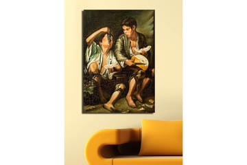 Canvastavla 70x100 cm - Två pojkar som delar en måltid med frukt och ost - Grön / Brun / Beige - Inredning - Tavlor & posters - Canvastavla