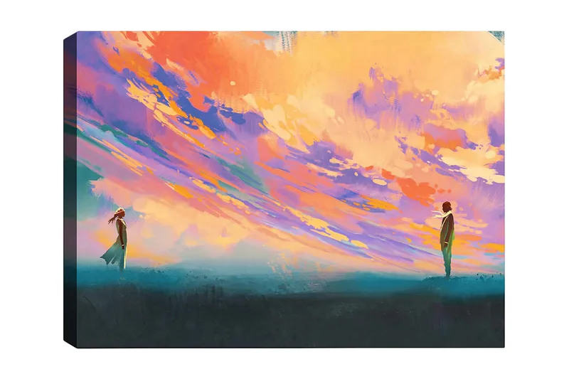 Canvastavla 70x100 cm - Två personer står på en öppen plats under en färgsprakande himmel - Lila / Orange / Turkos - Inredning - Tavlor & posters - Canvastavla