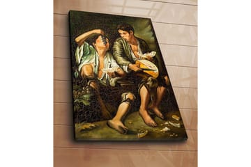 Canvastavla 70x100 cm - Två pojkar som delar en måltid med frukt och ost - Grön / Brun / Beige - Inredning - Tavlor & posters - Canvastavla