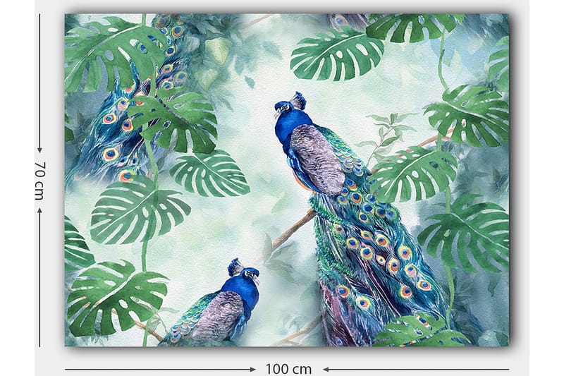 Canvastavla 70x100 cm - Två påfåglar som sitter bland gröna växter i en livfull och färgglad miljö - Blå / Grön / Turkos - Inredning - Tavlor & posters - Canvastavla