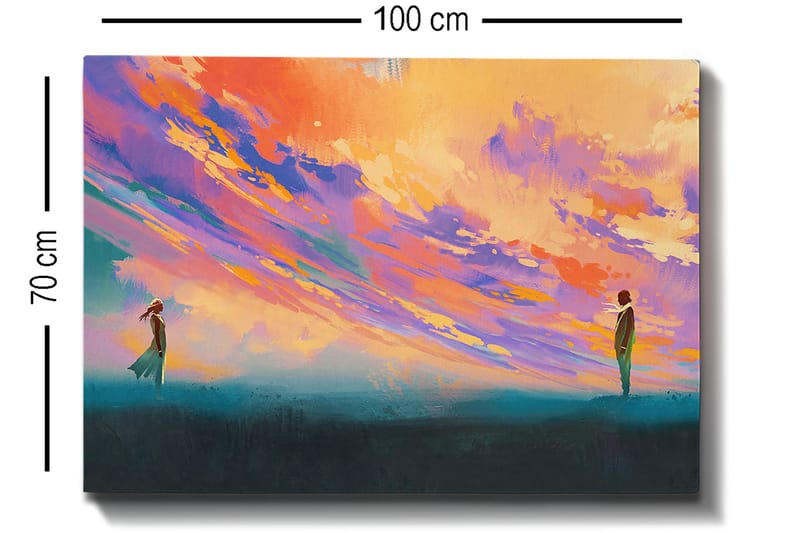 Canvastavla 70x100 cm - Två personer står på en öppen plats under en färgsprakande himmel - Lila / Orange / Turkos - Inredning - Tavlor & posters - Canvastavla