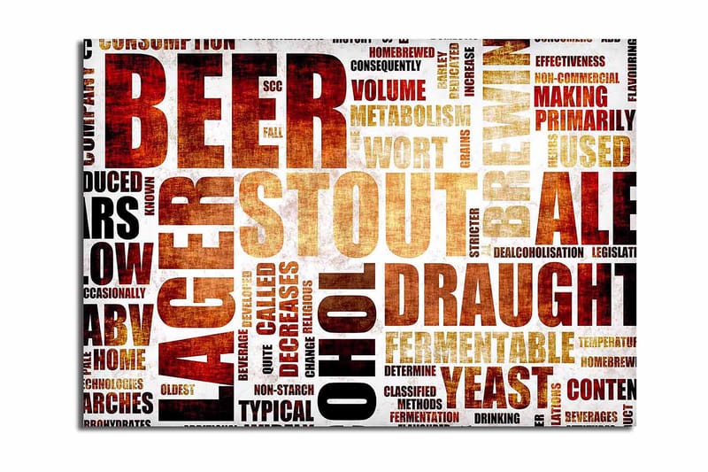 Canvastavla 70x100 cm - Typografisk komposition med fokus på olika ölsorter och bryggningstermer, Mörkbrun / Beige / Svart