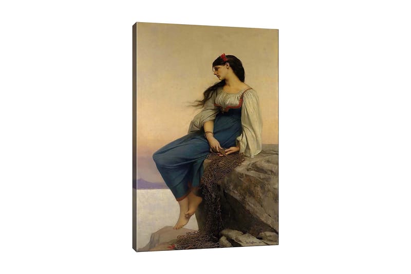 Canvastavla 70x100 cm - Ung kvinna sitter på en klippa med en eftertänksam blick, klädd i en blå klänning med vita ärmar, Blå / Vit / Röd