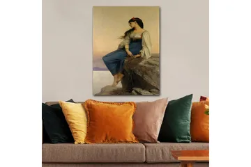 Canvastavla 70x100 cm - Ung kvinna sitter på en klippa med en eftertänksam blick, klädd i en blå klänning med vita ärmar - Blå / Vit / Röd - Inredning - Tavlor & posters - Canvastavla