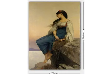 Canvastavla 70x100 cm - Ung kvinna sitter på en klippa med en eftertänksam blick, klädd i en blå klänning med vita ärmar - Blå / Vit / Röd - Inredning - Tavlor & posters - Canvastavla