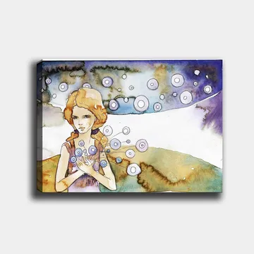 Canvastavla 70x100 cm - Ung kvinna som håller i en bukett med cirkulära blommor i en drömlik landskapsscen - Ljusblå / Beige / Lila - Inredning - Tavlor & posters - Canvastavla