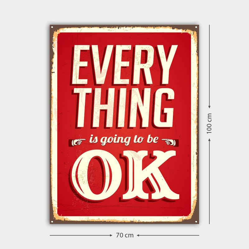 Canvastavla 70x100 cm - Upplyftande skylt med texten EVERYTHING is going to be OK i en retrostil - Röd / Vit - Inredning - Tavlor & posters - Canvastavla