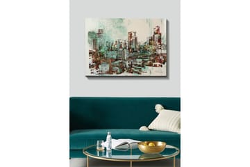 Canvastavla 70x100 cm - Urban stadslandskap med höga byggnader och livliga gator - Grön / Brun / Vit - Inredning - Tavlor & posters - Canvastavla