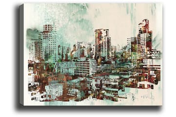 Canvastavla 70x100 cm - Urban stadslandskap med höga byggnader och livliga gator - Grön / Brun / Vit - Inredning - Tavlor & posters - Canvastavla