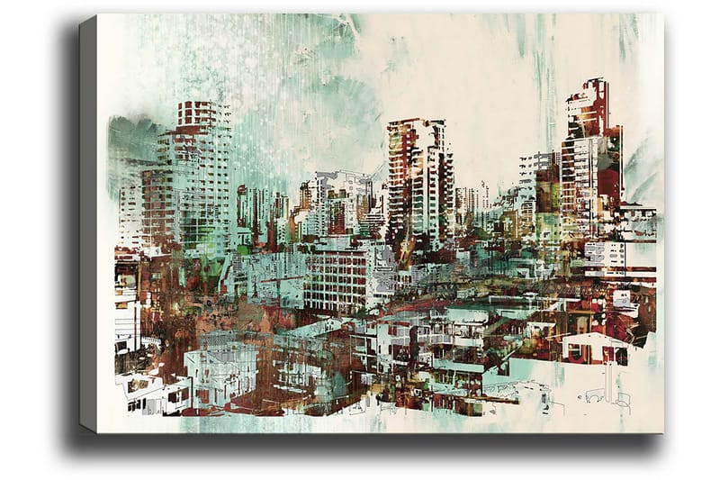 Canvastavla 70x100 cm - Urban stadslandskap med höga byggnader och livliga gator - Grön / Brun / Vit - Inredning - Tavlor & posters - Canvastavla