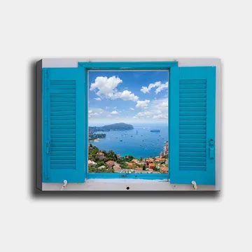 Canvastavla 70x100 cm - Utsikt genom ett öppet fönster med hav och himmel i fokus - Blå / Grön / Vit - Inredning - Tavlor & posters - Canvastavla