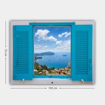 Canvastavla 70x100 cm - Utsikt genom ett öppet fönster med hav och himmel i fokus - Blå / Grön / Vit - Inredning - Tavlor & posters - Canvastavla