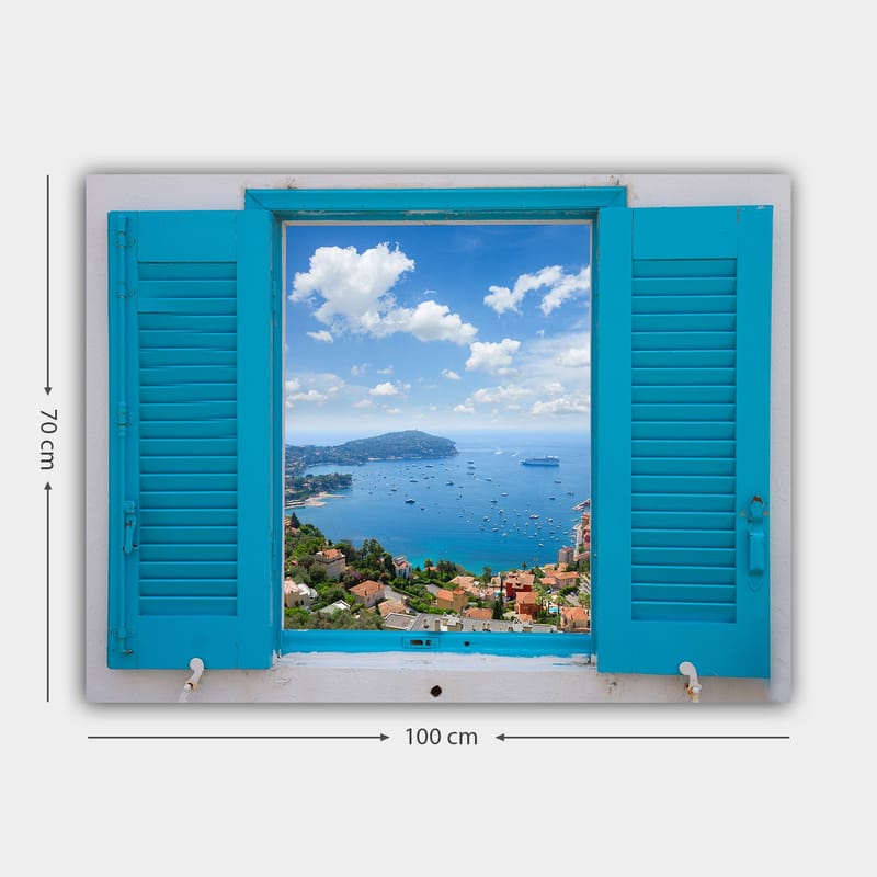 Canvastavla 70x100 cm - Utsikt genom ett öppet fönster med hav och himmel i fokus - Blå / Grön / Vit - Inredning - Tavlor & posters - Canvastavla