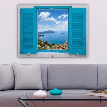 Canvastavla 70x100 cm - Utsikt genom ett öppet fönster med hav och himmel i fokus - Blå / Grön / Vit - Inredning - Tavlor & posters - Canvastavla
