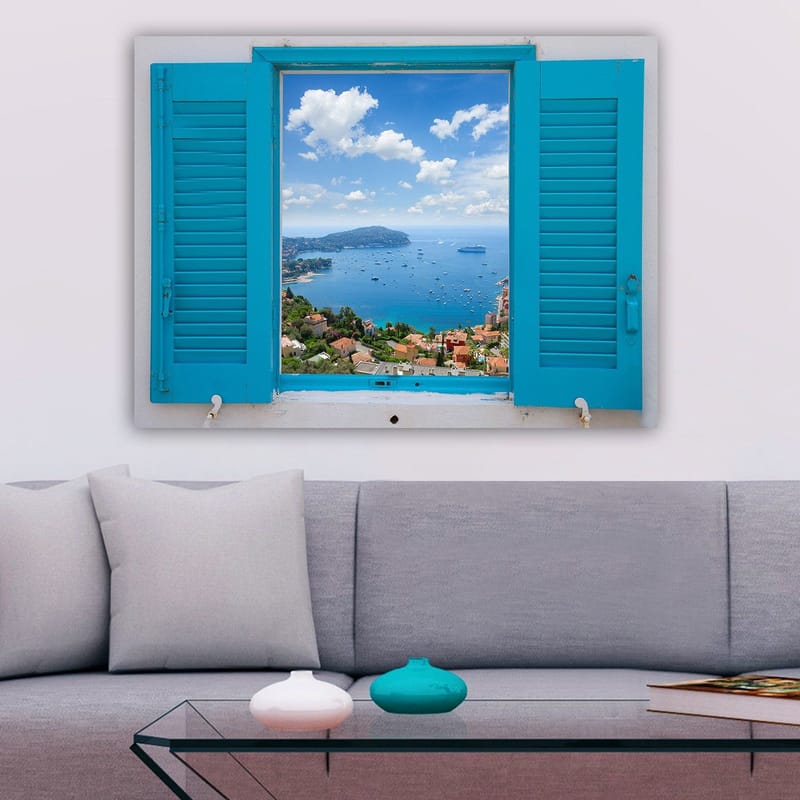 Canvastavla 70x100 cm - Utsikt genom ett öppet fönster med hav och himmel i fokus - Blå / Grön / Vit - Inredning - Tavlor & posters - Canvastavla