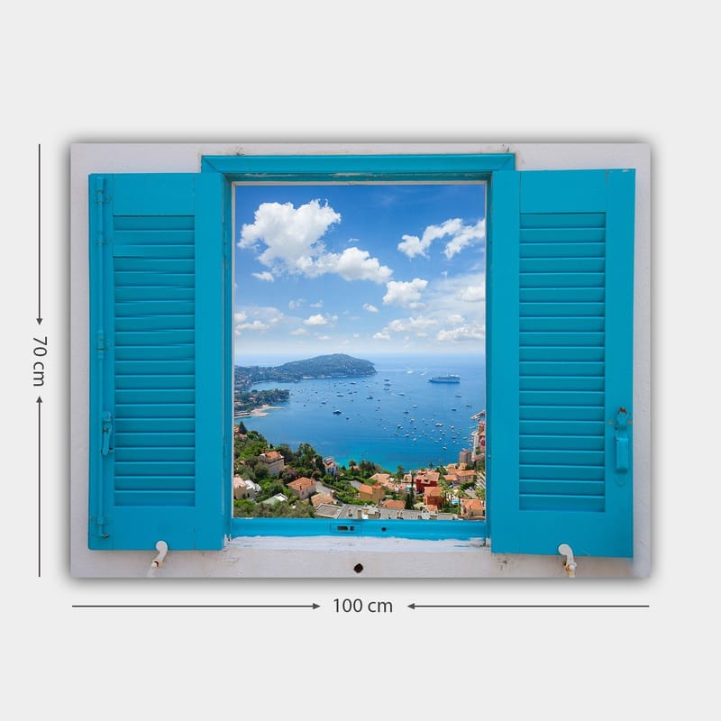 Canvastavla 70x100 cm - Utsikt genom ett öppet fönster med hav och himmel i fokus - Blå / Grön / Vit - Inredning - Tavlor & posters - Canvastavla