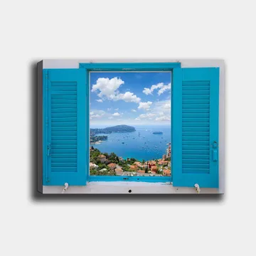Canvastavla 70x100 cm - Utsikt genom ett öppet fönster med hav och himmel i fokus - Blå / Grön / Vit - Inredning - Tavlor & posters - Canvastavla