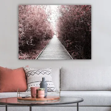 Canvastavla 70x100 cm - Väg som leder genom en skog av rosa träd - Rosa / Grå - Inredning - Tavlor & posters - Canvastavla