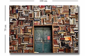 Canvastavla 70x100 cm - Vägg täckt av böcker med en dörr i mitten - Brun / Grön / Röd - Inredning - Tavlor & posters - Canvastavla