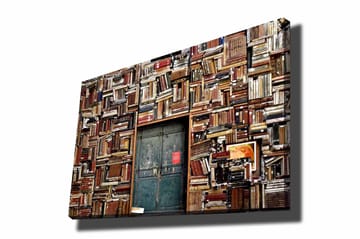 Canvastavla 70x100 cm - Vägg täckt av böcker med en dörr i mitten - Brun / Grön / Röd - Inredning - Tavlor & posters - Canvastavla