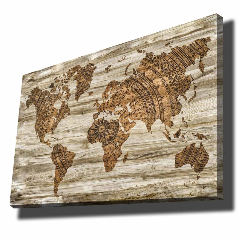 Canvastavla 70x100 cm - Världskarta i en dekorativ och stiliserad design med detaljerade mönster - Brun / Beige - Inredning - Tavlor & posters - Canvastavla