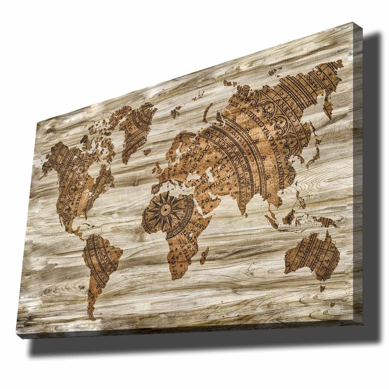 Canvastavla 70x100 cm - Världskarta i en dekorativ och stiliserad design med detaljerade mönster, Brun / Beige