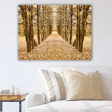Canvastavla 70x100 cm - Vacker allé av träd i höstfärger som leder mot en avlägsen punkt - Guld / Brunt / Beige - Inredning - Tavlor & posters - Canvastavla