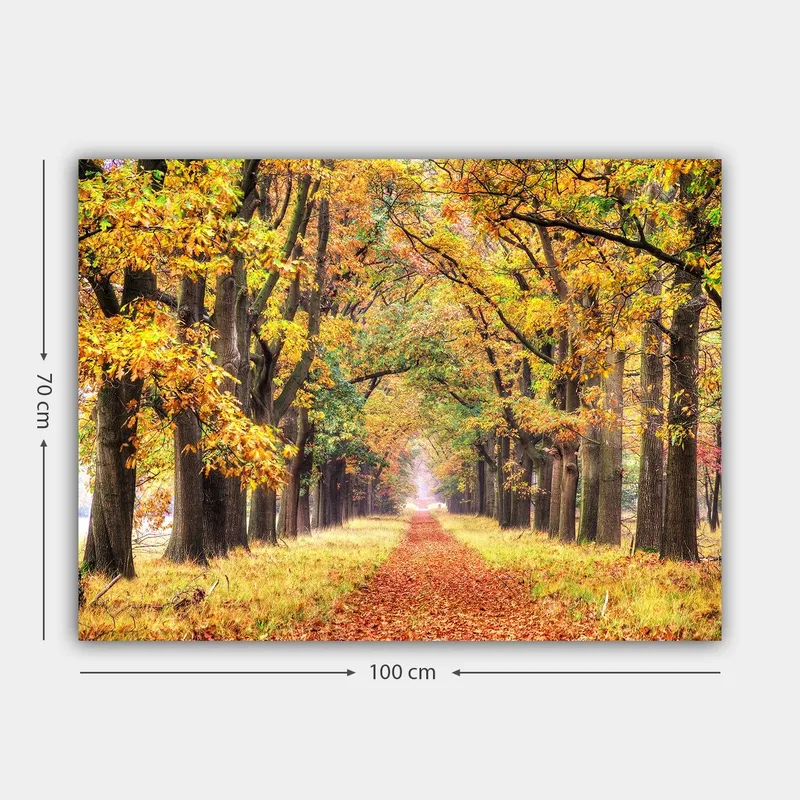 Canvastavla 70x100 cm - Vacker allé omgiven av höstfärgade träd som leder mot en ljusare horisont - Guldorange / Grön / Brun - Inredning - Tavlor & posters - Canvastavla