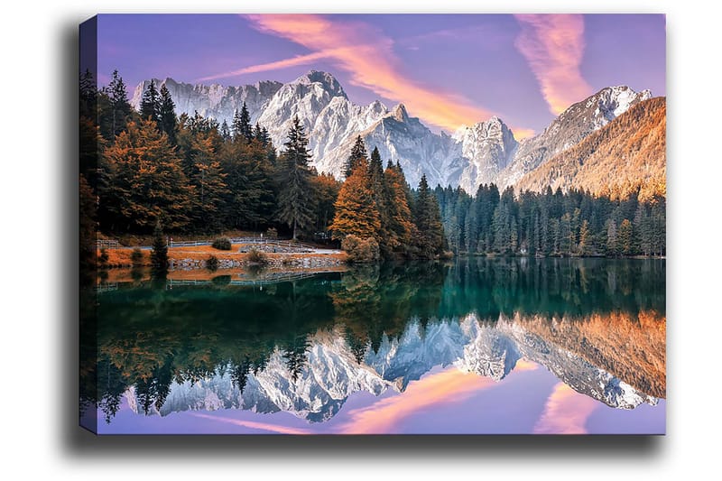Canvastavla 70x100 cm - Vacker bergslandskap med spegelbild i en sjö och färgglada höstträd - Grön / Orange / Lila - Inredning - Tavlor & posters - Canvastavla