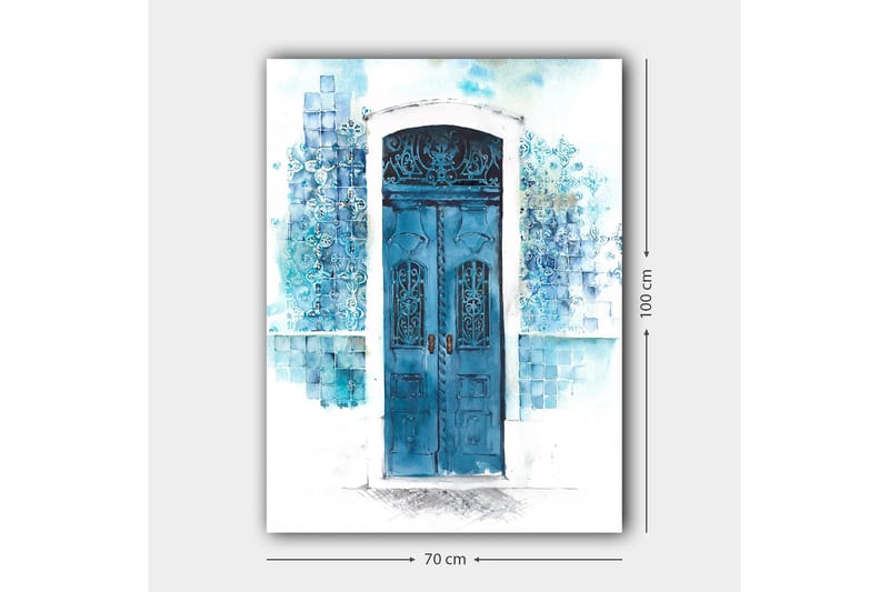 Canvastavla 70x100 cm - Vacker blå dörr omgiven av mjuka nyanser av blått och vitt - Blå / Ljusblå / Vit - Inredning - Tavlor & posters - Canvastavla