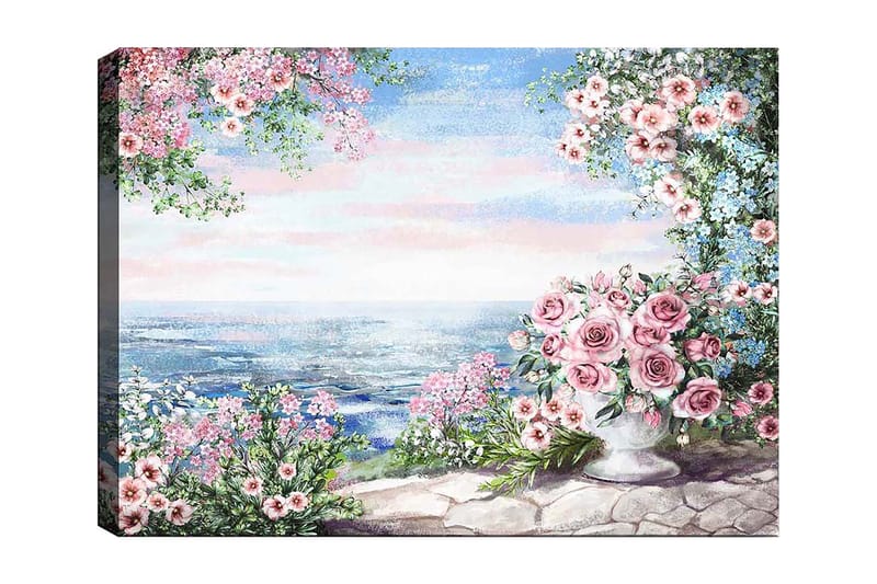 Canvastavla 70x100 cm - Vacker blomsterrabatt med en stor vas fylld med rosor, som står vid en havsutsikt under en klar himmel, Rosa / Grönt / Blått