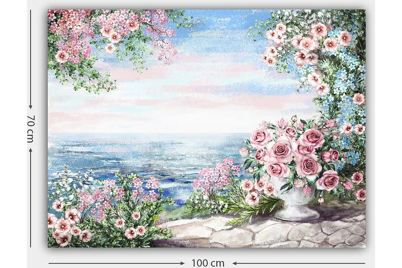 Canvastavla 70x100 cm - Vacker blomsterrabatt med en stor vas fylld med rosor, som står vid en havsutsikt under en klar himmel - Rosa / Grönt / Blått - Inredning - Tavlor & posters - Canvastavla