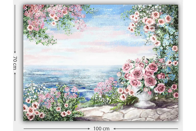 Canvastavla 70x100 cm - Vacker blomsterrabatt med en stor vas fylld med rosor, som står vid en havsutsikt under en klar himmel - Rosa / Grönt / Blått - Inredning - Tavlor & posters - Canvastavla