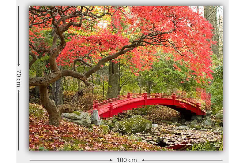 Canvastavla 70x100 cm - Vacker bro i röd färg omgiven av höstfärgade träd och löv - Röd / Grön / Brun - Inredning - Tavlor & posters - Canvastavla
