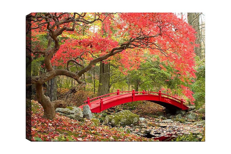 Canvastavla 70x100 cm - Vacker bro i röd färg omgiven av höstfärgade träd och löv, Röd / Grön / Brun