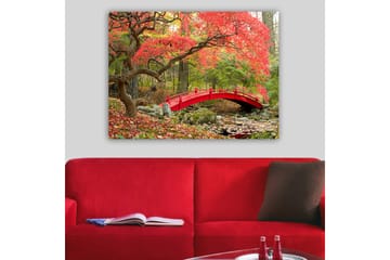 Canvastavla 70x100 cm - Vacker bro i röd färg omgiven av höstfärgade träd och löv - Röd / Grön / Brun - Inredning - Tavlor & posters - Canvastavla