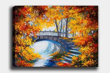 Canvastavla 70x100 cm - Vacker bro omgiven av höstfärgade träd och löv - Orange / Gult / Blått - Inredning - Tavlor & posters - Canvastavla