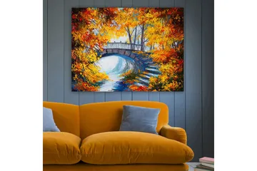 Canvastavla 70x100 cm - Vacker bro omgiven av höstfärgade träd och löv - Orange / Gult / Blått - Inredning - Tavlor & posters - Canvastavla