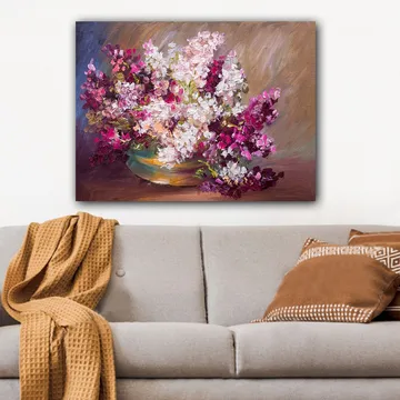 Canvastavla 70x100 cm - Vacker bukett av blommor i en skål - Lila / Vit / Grön - Inredning - Tavlor & posters - Canvastavla
