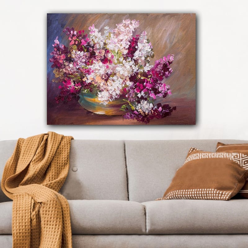 Canvastavla 70x100 cm - Vacker bukett av blommor i en skål - Lila / Vit / Grön - Inredning - Tavlor & posters - Canvastavla