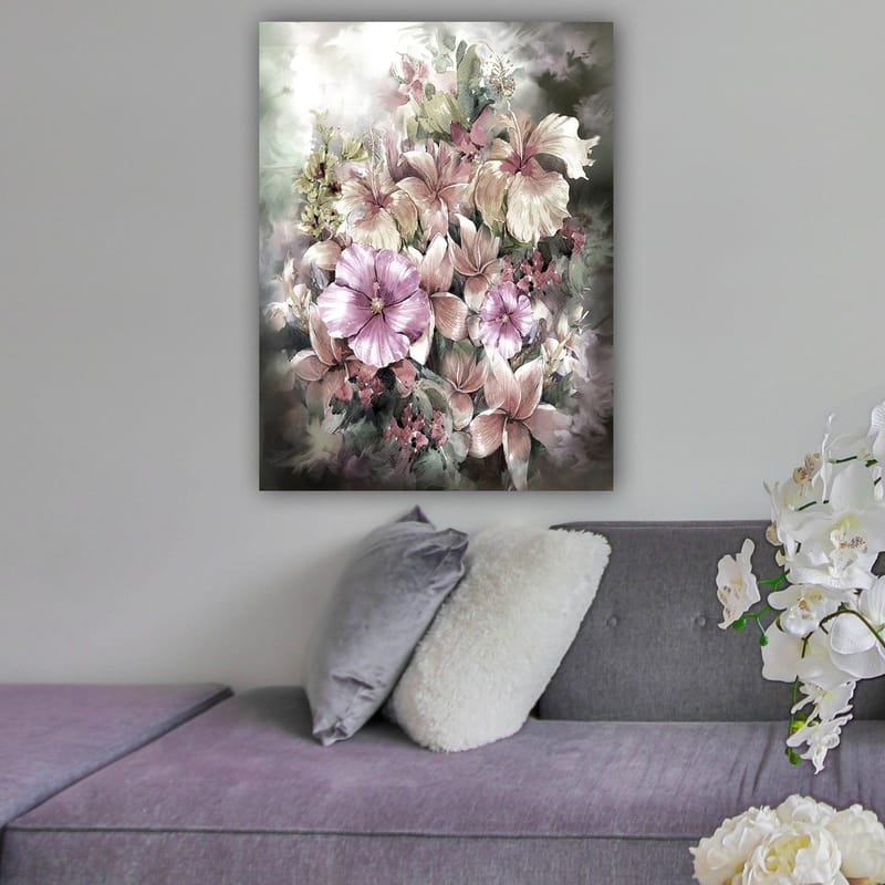 Canvastavla 70x100 cm - Vacker bukett av blommor i mjuka pastellfärger - Lila / Rosa / Grön - Inredning - Tavlor & posters - Canvastavla