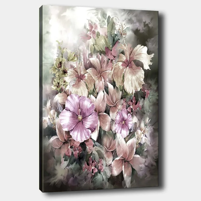 Canvastavla 70x100 cm - Vacker bukett av blommor i mjuka pastellfärger, Lila / Rosa / Grön