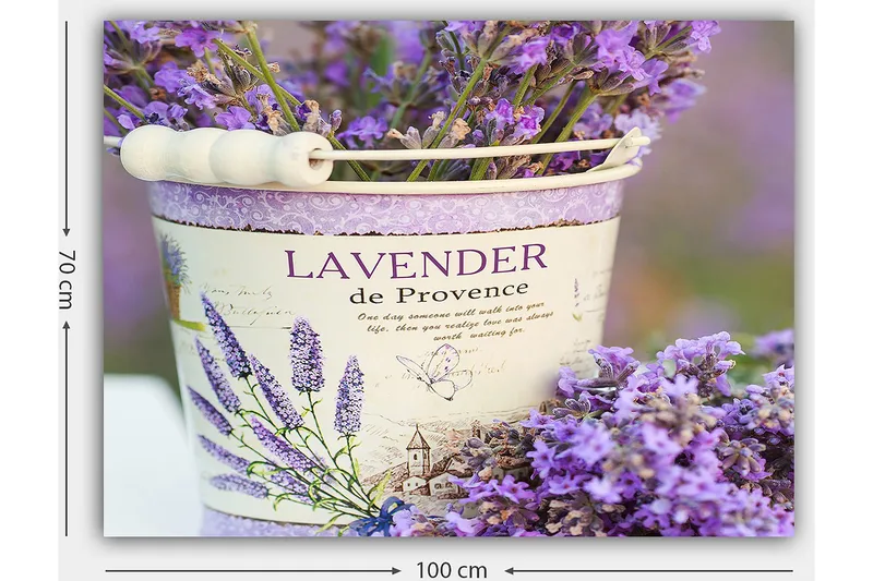 Canvastavla 70x100 cm - Vacker bukett av lavendel i en dekorativ hink - Lila / Vit - Inredning - Tavlor & posters - Canvastavla