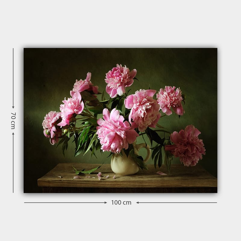 Canvastavla 70x100 cm - Vacker bukett av pioner i en kruka som står på ett bord - Rosa / Grön - Inredning - Tavlor & posters - Canvastavla
